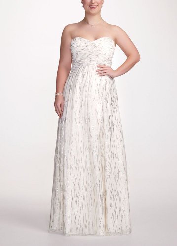 David's Bridal Strapless Glitter Mesh Print Ball Gown Style 55149W, Ivory/Gold, 18 Plus Size Formal Dress