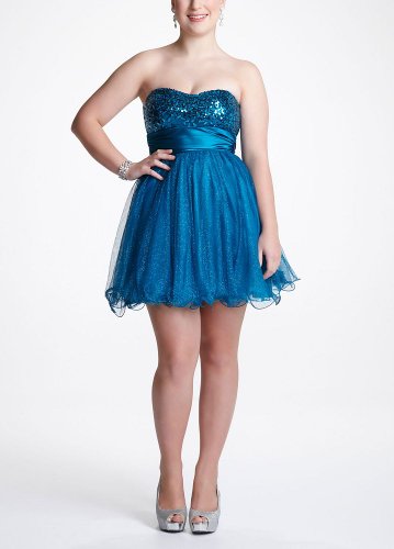 David's Bridal Strapless Short Sequin Tulle Prom Dress Style X2409WTKA, Teal, 17 Plus Size Formal Dress
