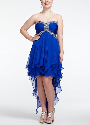 David's Bridal Strapless High Low Prom Dress with Beaded Bust Style XS4173W, Royal, 18 Plus Size Formal Dress