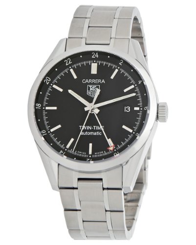 TAG Heuer Men's WV2115.BA0787 Carrera Calibre 7 Twin Time Automatic Black Dial Steel Bracelet Watch Tag Heuer