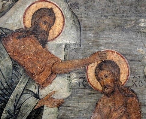 Крещение Господне. Фреска в соборе Сретения Владимирской иконы Божией Матери, Московский Сретенский монастырь.