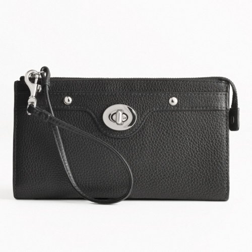 Coach Penelope Leather Zippy Turnlock Wallet Wristlet Bag 45647 Black Silver Coach Wallet