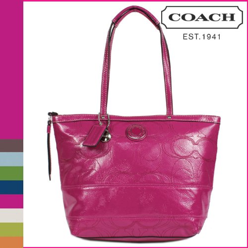 Coach Signature Stripe Stitched Patent Leather Tote Bag, Style 19198, Magenta Coach Wallet
