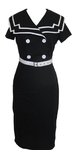 Skelapparel 60's Vintage Style Black and White Pinup Sailor Pencil Skirt Dress (6) Image