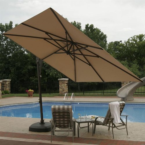 10' Cantilever Umbrella with Drape Fabric: Olefin Champagne Linen Cantilever Patio Umbrella