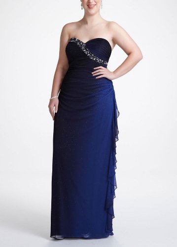 David's Bridal Strapless Heavily Beaded Ombre Prom Dress Style 51091DW, Navy Royal, 17 Plus Size Formal Dress