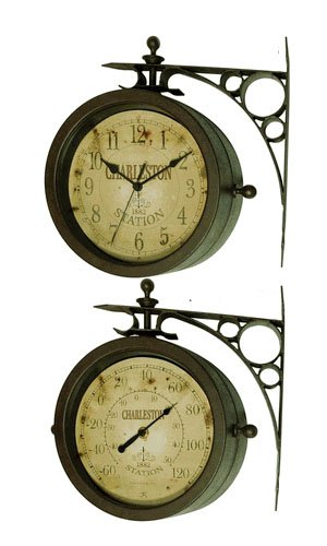 Charleston Double Sided Clock and Thermometer Wall Clock Large