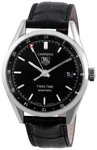 TAG Heuer Men's WV2115.FC6180 Carerra Calibre 7 Twin Time Automatic Black Dial Black Crocodile Watch Tag Heuer