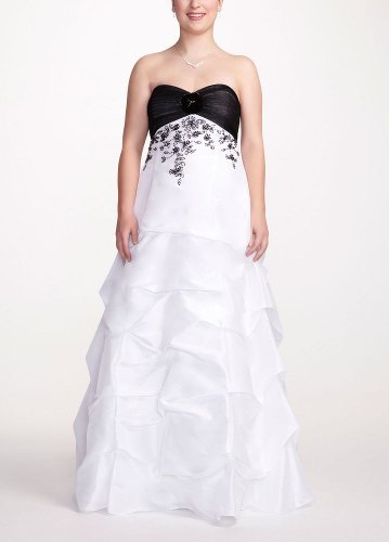 David's Bridal Strapless Long Taffeta Prom Gown with Pickup Skirt Style 635867W, Black/White, 19 Plus Size Formal Dress