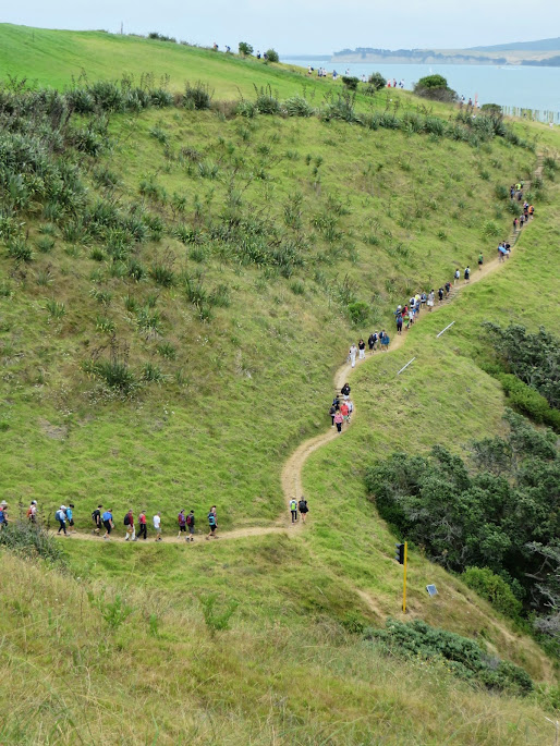 People snaking along the path