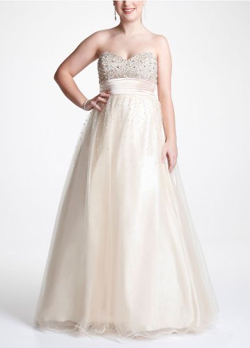 David's Bridal Strapless Beaded Prom Ball Gown with Tulle Skirt Style 7671W, Champagne, 20 Plus Size Formal Dress