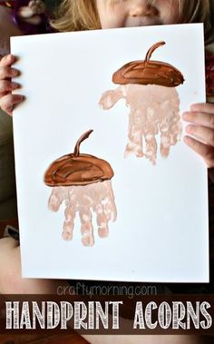 Our Attempt at this Handprint Acorn Craft - She didn't want to put her fingers together lol! <a class="pintag" href="/explore/Fun/" title="#Fun explore Pinterest">#Fun</a> fall craft for kids to make! | <a href="http://CraftyMorning.com" rel="nofollow" target="_blank">CraftyMorning.com</a>