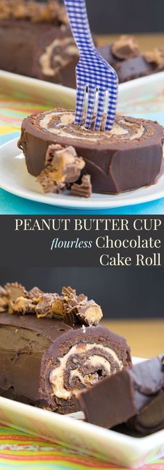 Peanut Butter Cup Flourless Chocolate Cake Roll - fill a tender sponge cake with peanut butter mousse studded with peanut butter cups and drench it in chocolate ganache for a decadent dessert recipe (gluten free too)!