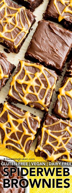 Chocolate Peanut Butter Spiderweb Brownies (V, GF, DF): a spooky Halloween recipe for decadently rich brownies covered in peanut butter spiderwebs! <a class="pintag" href="/explore/Vegan/" title="#Vegan explore Pinterest">#Vegan</a> <a class="pintag" href="/explore/GlutenFree/" title="#GlutenFree explore Pinterest">#GlutenFree</a> <a class="pintag searchlink" data-query="%23DairyFree" data-type="hashtag" href="/search/?q=%23DairyFree&rs=hashtag" rel="nofollow" title="#DairyFree search Pinterest">#DairyFree</a> | <a href="http://BeamingBaker.com" rel="nofollow" target="_blank">BeamingBaker.com</a>