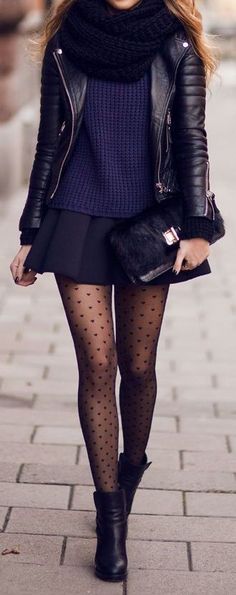 Woman. Fashion. Street. Style. Trend. Leather Jacket. Rough. Outfit. Skirt. Short. Dots. Legs. Slim. Fit. Layers. Autumn. Great Taste. Outfit. Clothing. Boots. City. Youth. Scarf. Tube. handbag. Details. Knit. Beauty.