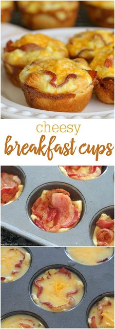 breakfast-cups-collageSimple Cheesy Breakfast Bites - a crescent roll bottom with eggs, bacon and cheese on top! The perfect bite size muffins for breakfast or brunch!
