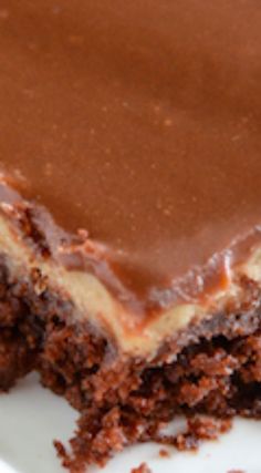 Chocolate and Peanut Butter Sheet Cake ~ Starts with a one bowl moist chocolate cake, then a layer of creamy peanut butter frosting and finished with a layer of rich dark chocolate ganache!