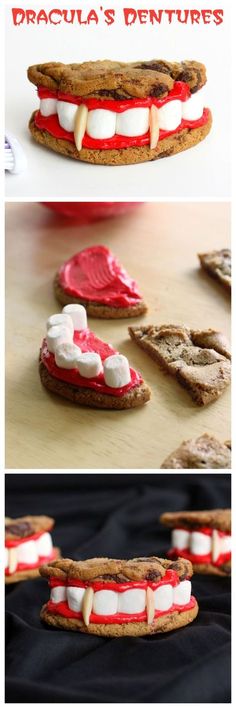 Dracula&#39;s Dentures - made from chocolate chip cookies, red frosting, and marshmallows - a fun halloween treat