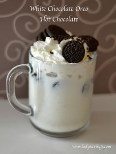 White Chocolate Oreo Hot Chocolate Recipe! Delicious Hot Chocolate Recipe made with Crushed Oreos, Whipping Cream, White Chocolate Chips, Milk and Whipped Cream!
