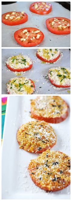 Making these tonight! Tomato Bruschetta- 1 lg tomato sliced, minced garlic to taste, 1/4c.bread crumbs, 1/4c. parmesan cheese, salt &amp; pepper, drizzle EVOO 425 10minutes