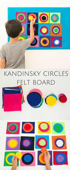 DIY Kandinsky Circles Felt Board. Fun interactive art project for kids with colorful variations they can design over and again. Plus great activity for scissor cutting and fine motor skills.