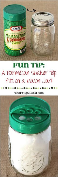 Easy Trick: Parmesan Shaker Tops fit on Mason Jars! I LOVE using these tops for DIY Spices and Seasonings, Homemade Cleaners and more! Find this and more fun Tips at <a href="http://TheFrugalGirls.com" rel="nofollow" target="_blank">TheFrugalGirls.com</a>