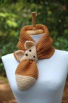 Knit Fox Scarf, Keyhole Scarf, Stay Put Scarf, Hand Knit, Vegan, Brown | PhylPhil - Accessories on ArtFire
