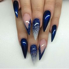 Blue glittery stiletto nails