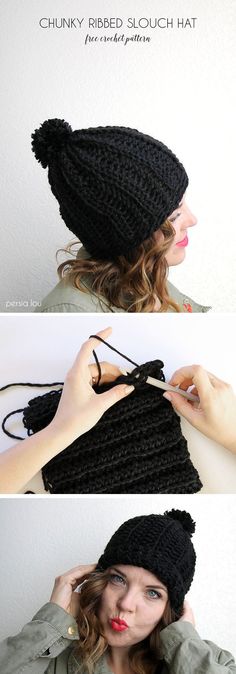 chunky ribbed slouch hat - free crochet pattern - <a href="http://www.persialou.com" rel="nofollow" target="_blank">www.persialou.com</a>