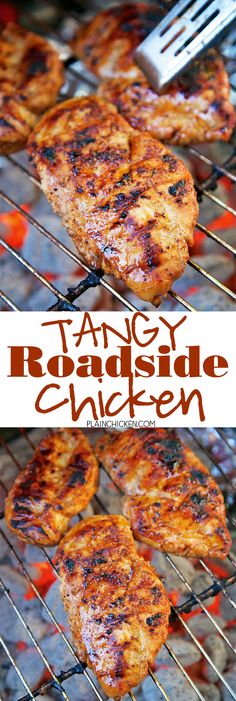 Tangy Roadside Chicken - chicken marinated in olive oil, cider vinegar, orange juice, Worcestershire sauce, chili powder, garlic powder, sugar and Montreal Chicken seasoning and grilled. We let the chicken marinate in the fridge overnight - OMG! SO good!! The chicken was so tender and juicy and full of TONS of great flavor! Can&#39;t wait to make this again!!