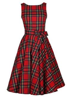 Vintage 50s Style Red Plaid Tartan Print Swing Party Dress