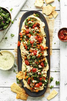 Amazing, 30-minute shawarma dip with baked chickpeas, parsley-tomato salad, and an easy 4-ingredient garlic dill sauce