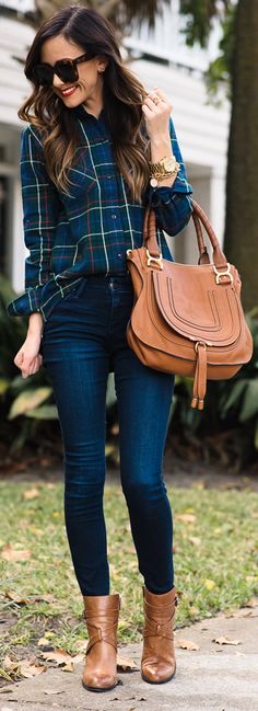 Dark Denim + Plaid Top With Pops Of Red