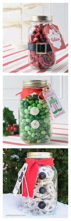 DIY Christmas Mason Jar Gift Ideas (with free printable tags) Really cute party favors, neighbor or teacher gifts.
