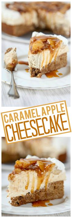 Creamy caramel cheesecake inside a Cinnamon blondie crust topped with cinnamon apples and a decadent caramel drizzle.