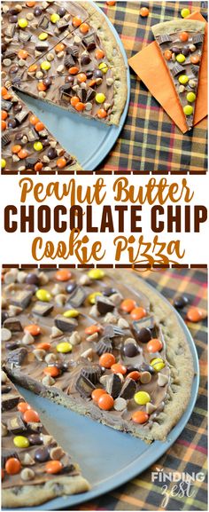 This Peanut Butter Chocolate Cookie Pizza features a chewy chocolate chip cookie base and is topped with peanut butter candies and chocolate! It is sure to impress a crowd!