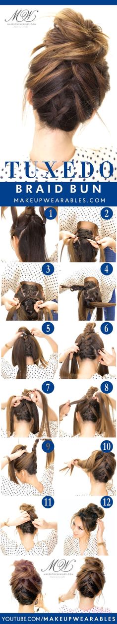 Tuxedo Braid Bun Tutorial | 5 Messy Updos for Long Hair, check it out at <a href="http://makeuptutorials.com/updos-for-long-hair-makeup-tutorials" rel="nofollow" target="_blank">makeuptutorials.c...</a>
