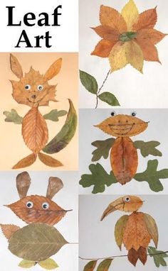 Leaf Art ~ every kid will love making art with leaves after seeing these creations *card stock *glue *google eyes &amp; Lots of leaves