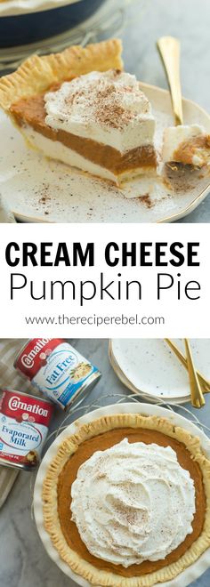 The ULTIMATE Pumpkin Pie made with Carnation Evaporated Milk! This no-bake is complete with a homemade pie crust, creamy cheesecake layer and homemade pumpkin pudding on top!