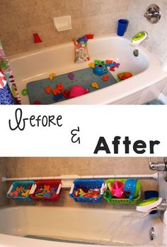 SO smart - use a shower tension rod to organize bath toys! TONS of other great organization ideas!