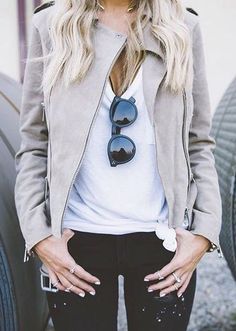 White T-Shirt and Cream Suede Jacket