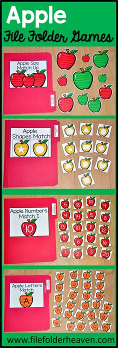 These Apple File Folder Games are fun for the beginning of the school year or during the fall season. . This set includes eight unique file folder games with three bonus games for differentiation (for a total of 11 games!) These activities focus on basic skills, such as matching picture to picture, matching shapes, matching numbers, matching by size, sorting by size, sorting by color, and sorting by likeness and differences.