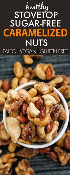 Healthy Caramelized Nuts- No oven needed (made stovetop!) and 100% sugar free- A guilt free snack, gift or dessert! {vegan, gluten free, paleo recipe}- <a href="http://thebigmansworld.com" rel="nofollow" target="_blank">thebigmansworld.com</a>