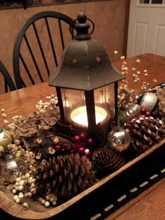 Christmas table centerpiece with mercury glass balls in vintage dough bowl