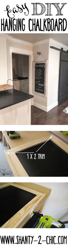 The perfect project for a beginning woodworker! Easy and inexpensive DIY Hanging Chalkboard! Get the free plans and step-by-step tutorial at www.shanty-2-chic...