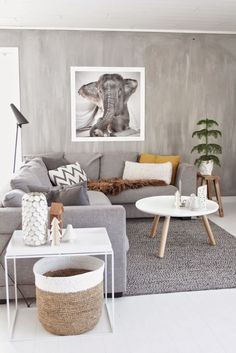 Concrete walls in gray and white living room with elephant print and chevron pillow