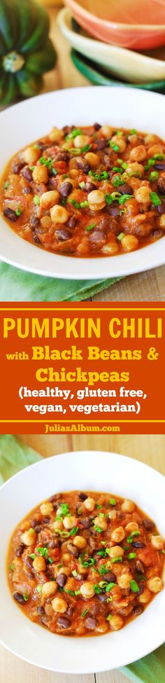 Pumpkin chili with black beans and garbanzo beans. Yummy and healthy: gluten-free, low carb, low fat, vegetarian,. Healthy, full of antioxidants