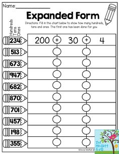 Expanded Form- Fill in the chart to show how many hundreds, tens and ones make up the number. Great place value practice for 2nd Grade!