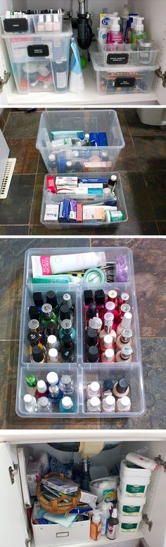 Organize Cabinet with Plastic Containers | Click Pic for 16 DIY Bathroom Storage Ideas on a Budget | DIY Bathroom Storage Ideas for Small Spaces
