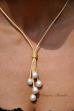 Perla - 5 perla metalizado oro Lariat - collar de cuero y joyas de cuero colecci??n